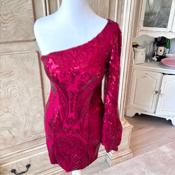 NEW Red Dress, Sequin Dress, Cocktail Dress, One Shoulder, NWOT, Size 0 - Picture 2 of 10